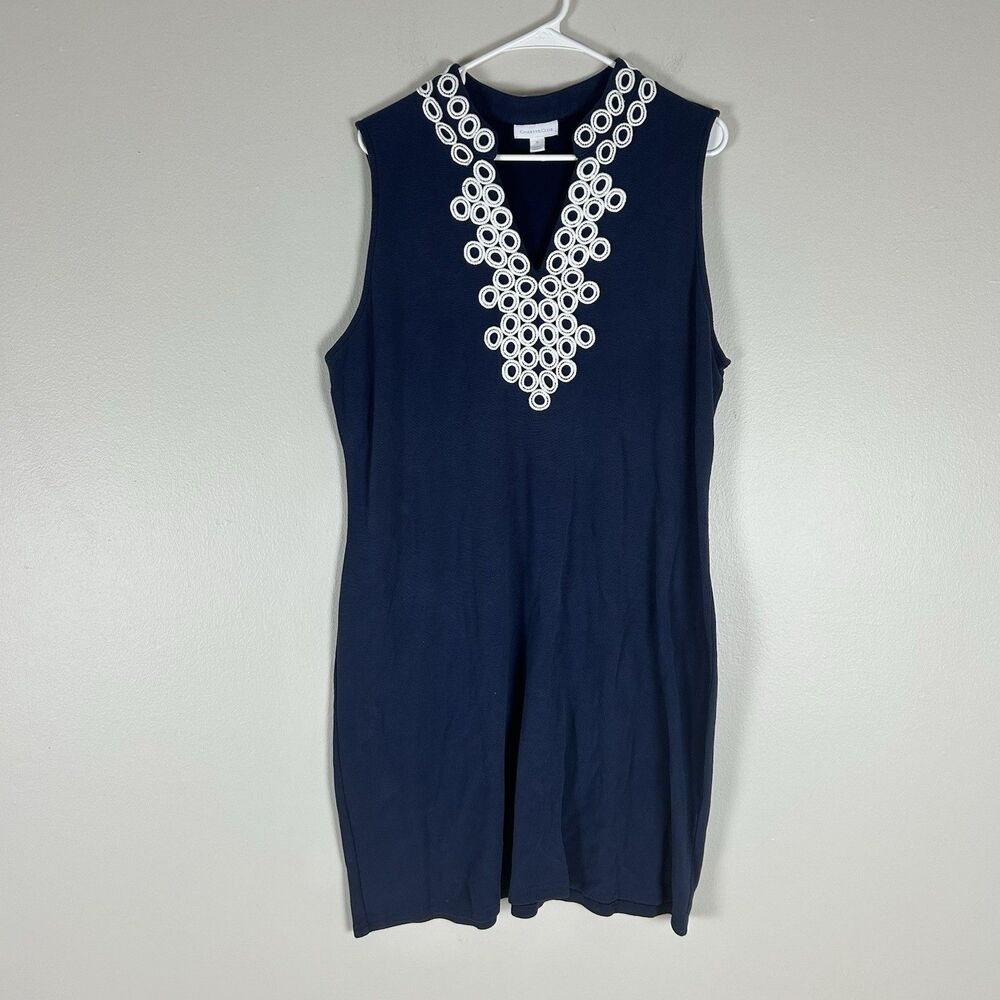 Charter Club XL Navy White Embroidered Sleeveless Dress Preppy Coastal Nautical